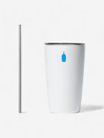 gobelet à café isotherme blanc en inox avec paille rigide