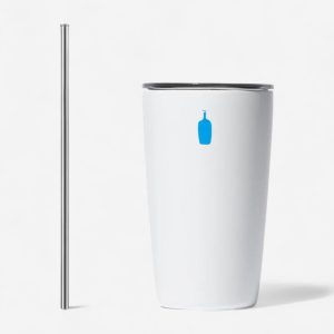 gobelet à café isotherme blanc en inox avec paille rigide