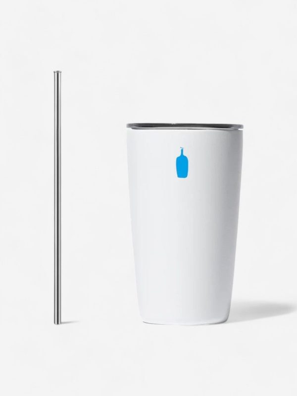 gobelet à café isotherme blanc en inox avec paille rigide